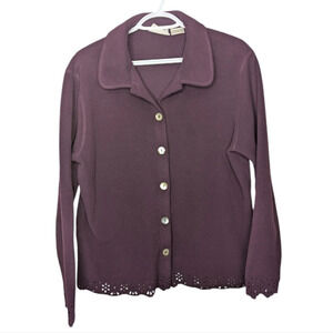 Vintage Plum Eggplant Purple Button Down Eyelet Detailed Soft Fleece Cardigan L